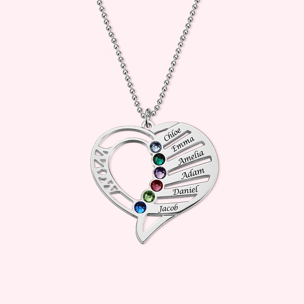 Personalized Heart Mother's Necklace with Kids 1-6 Names and Birthstones