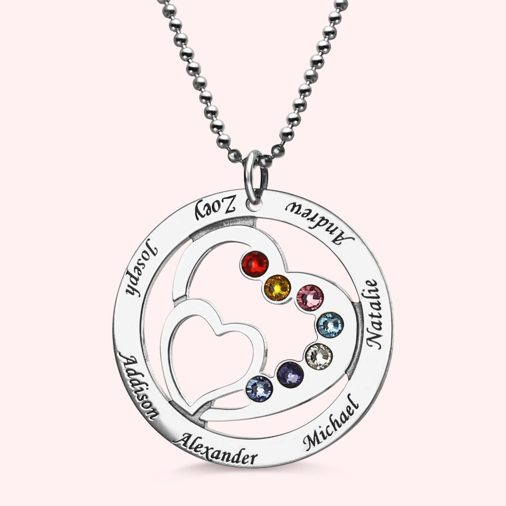 Mother's Heart in Heart Necklace With Children's Birthstones and Names