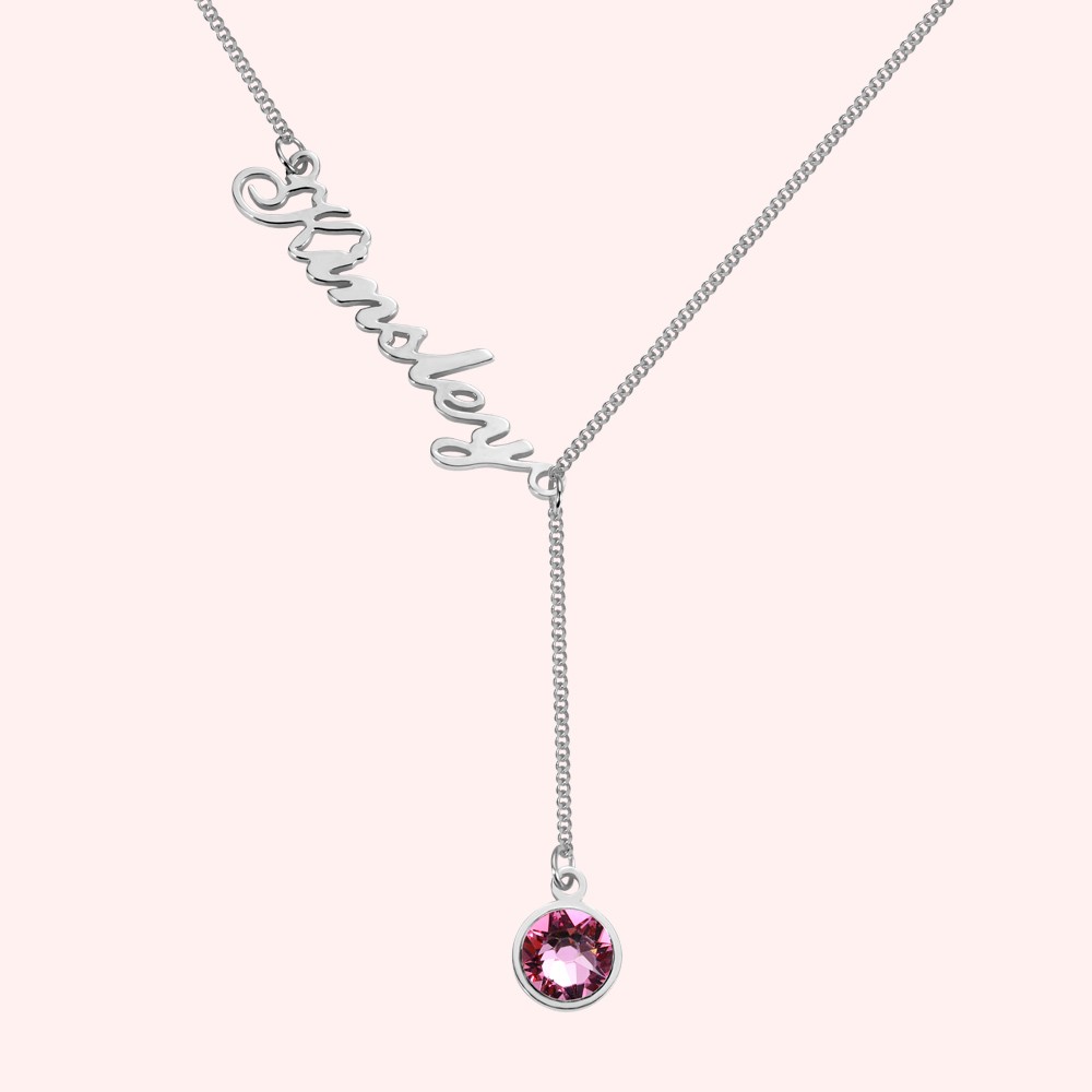 Personalized Simple Name & Birthstone Y Necklace