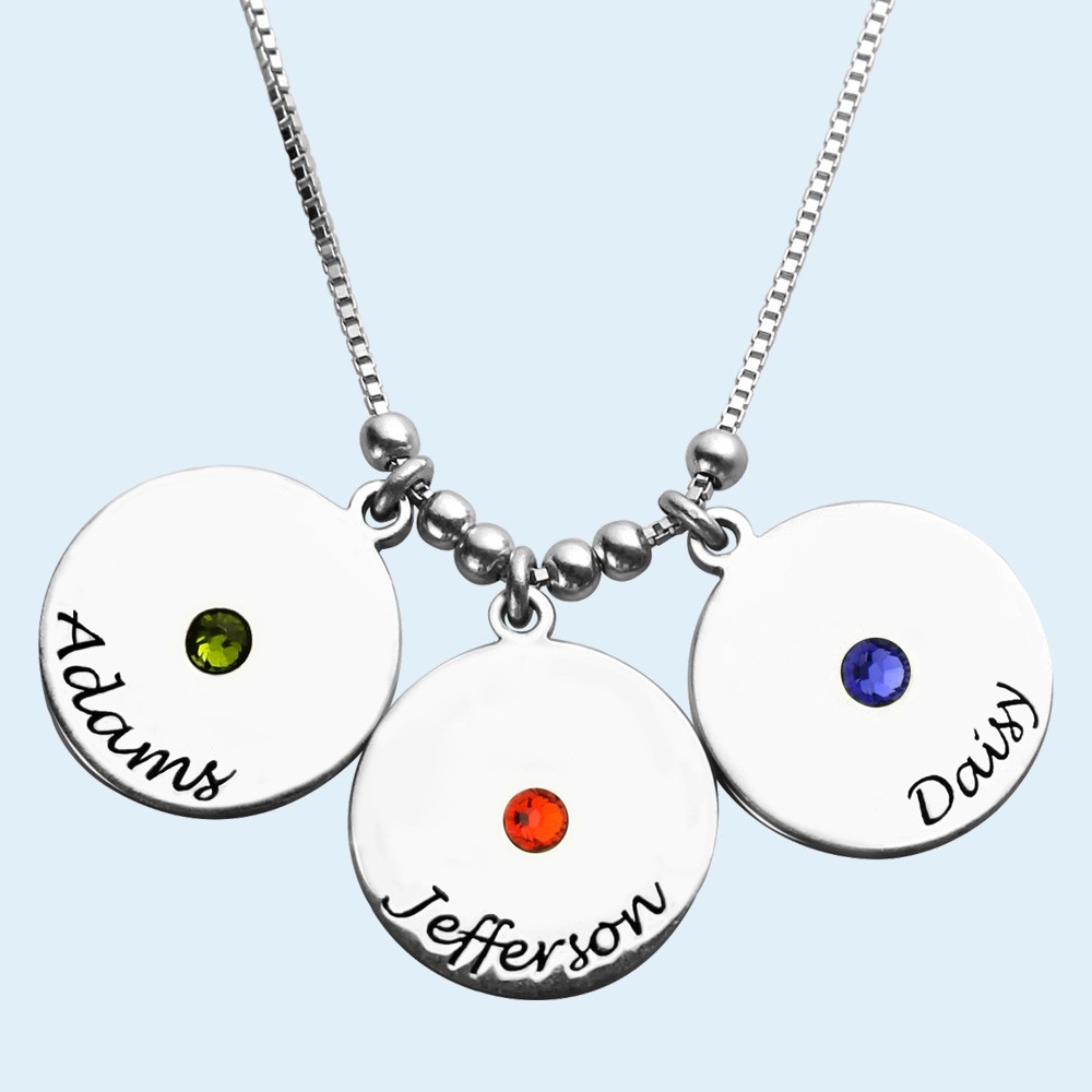 Mother's Disc and Birthstone Charm Name Necklace