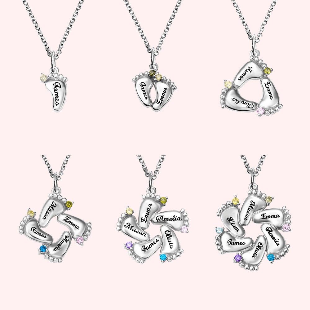 Personalized Feet Necklace For Mom with Kid's Names and Birthstones