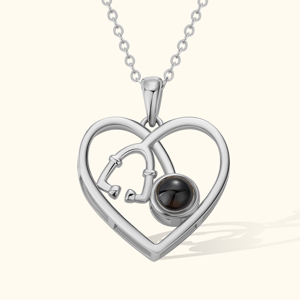 Personalized  Heart Stethoscope I Love You in 100 Languages Photo Projection Necklace 925 Sterling Silver