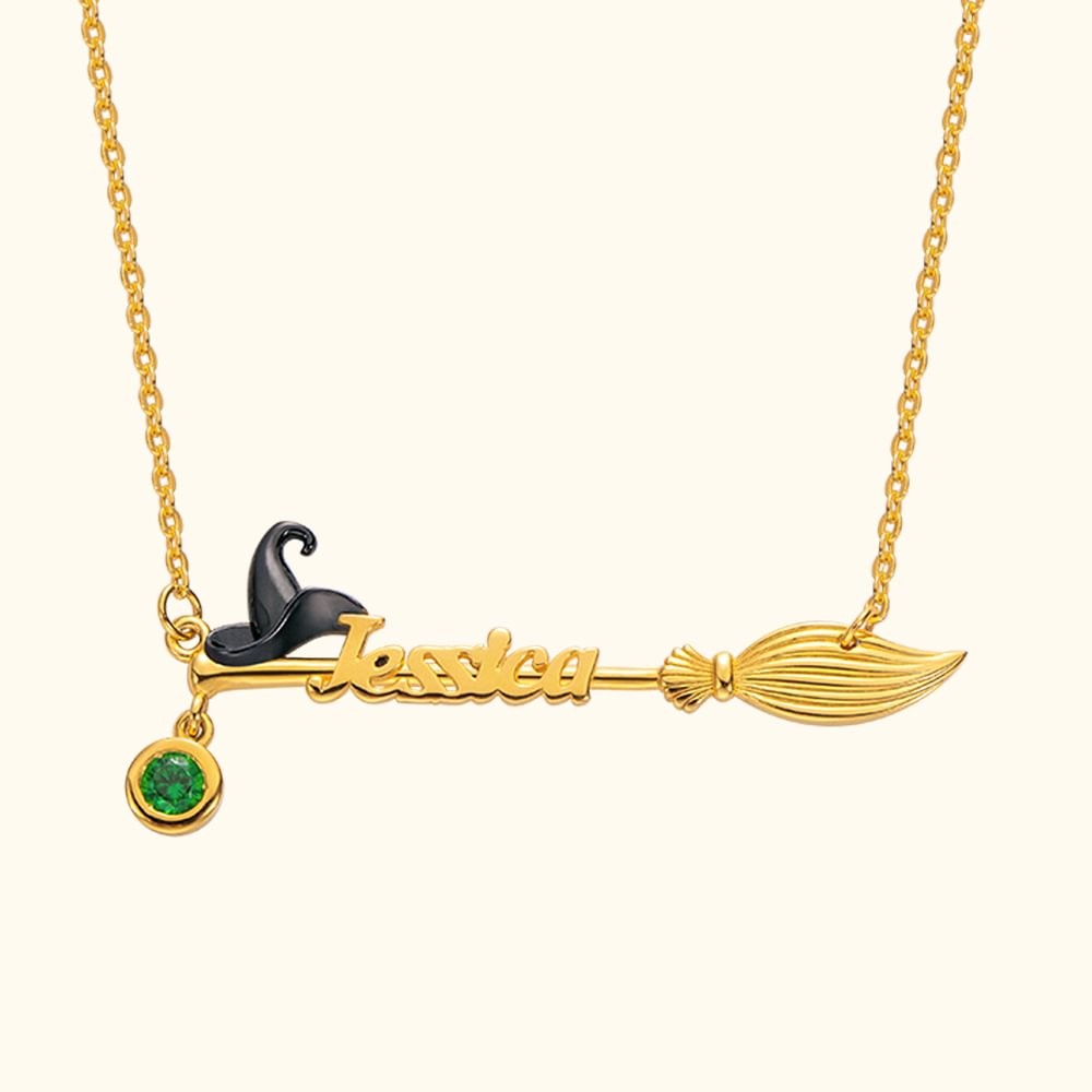 Personalized Halloween Broom Name Necklace