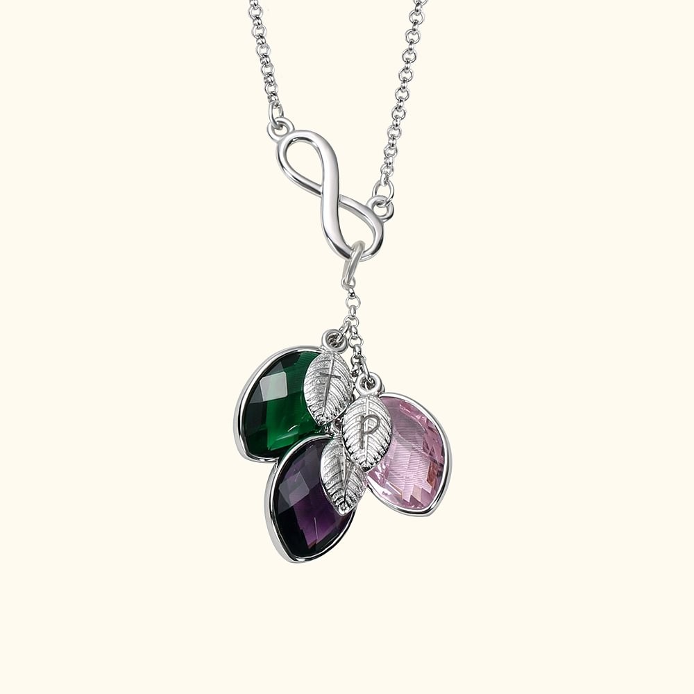 Gifts for Mom Necklace with Kid's Initials & Leaves Birthstones