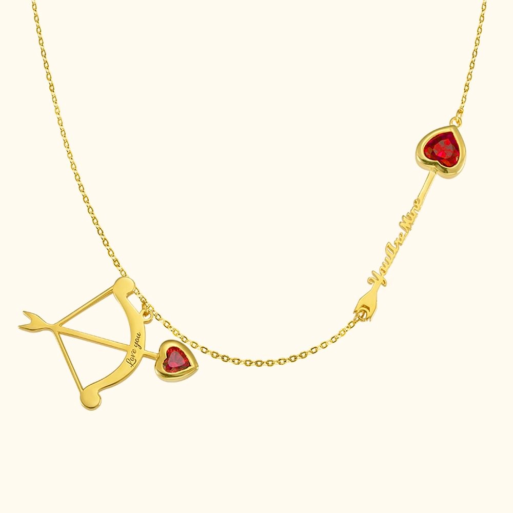 Custom Bow Arrow Name Love Necklace with Birthstone Gold Plated