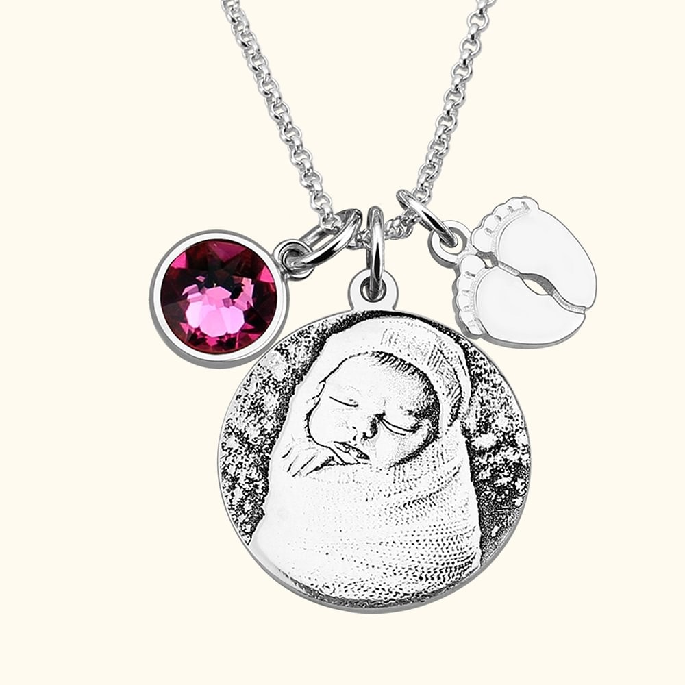 sterling silver personalized memorial picture locket custom photo necklace with feet & birthstone for women