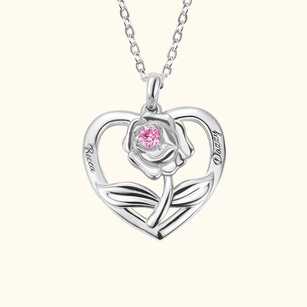 Rose in Heart Necklace for Her with 2 Names