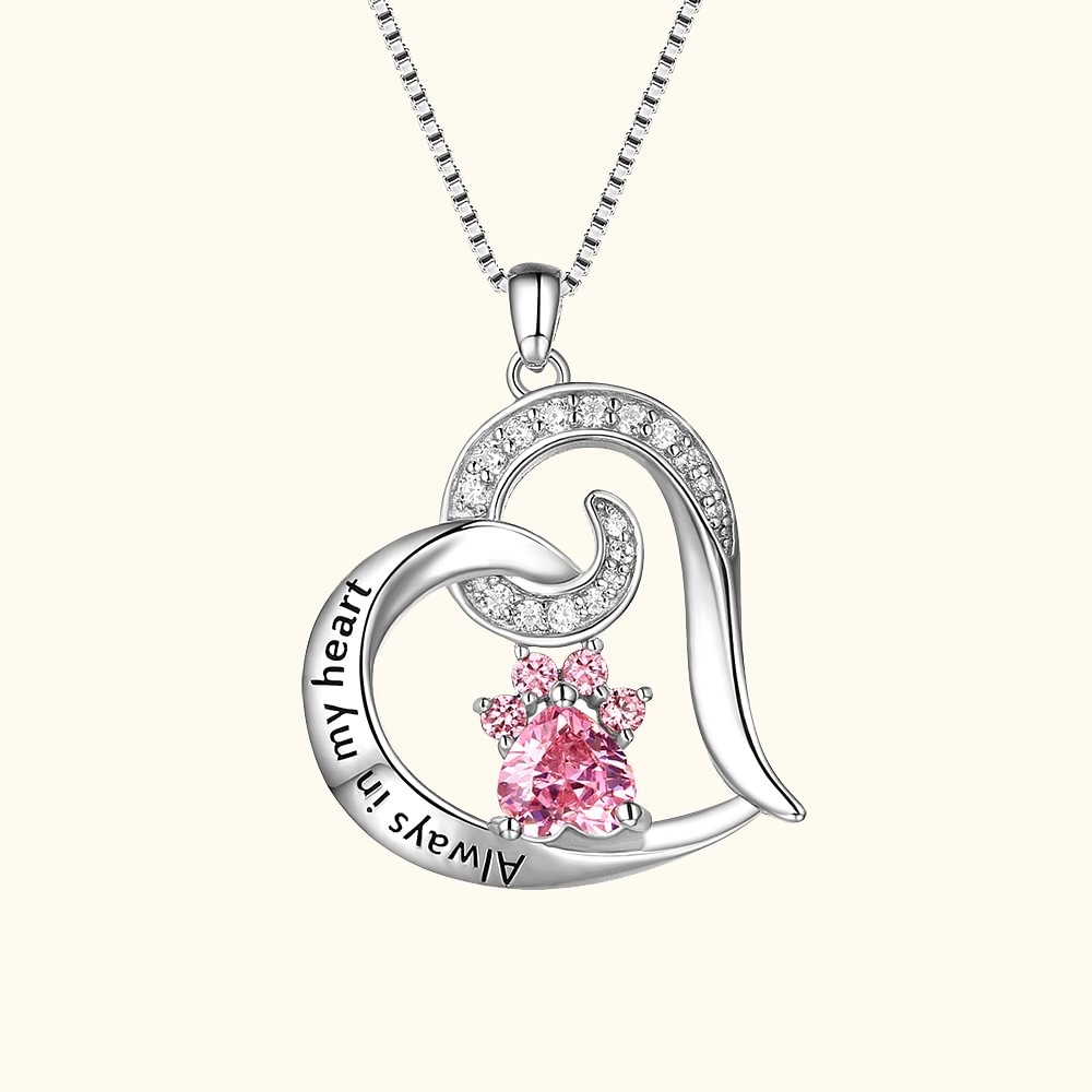 Always in My Heart Pet Paw Print Birthstone Memorial Necklace