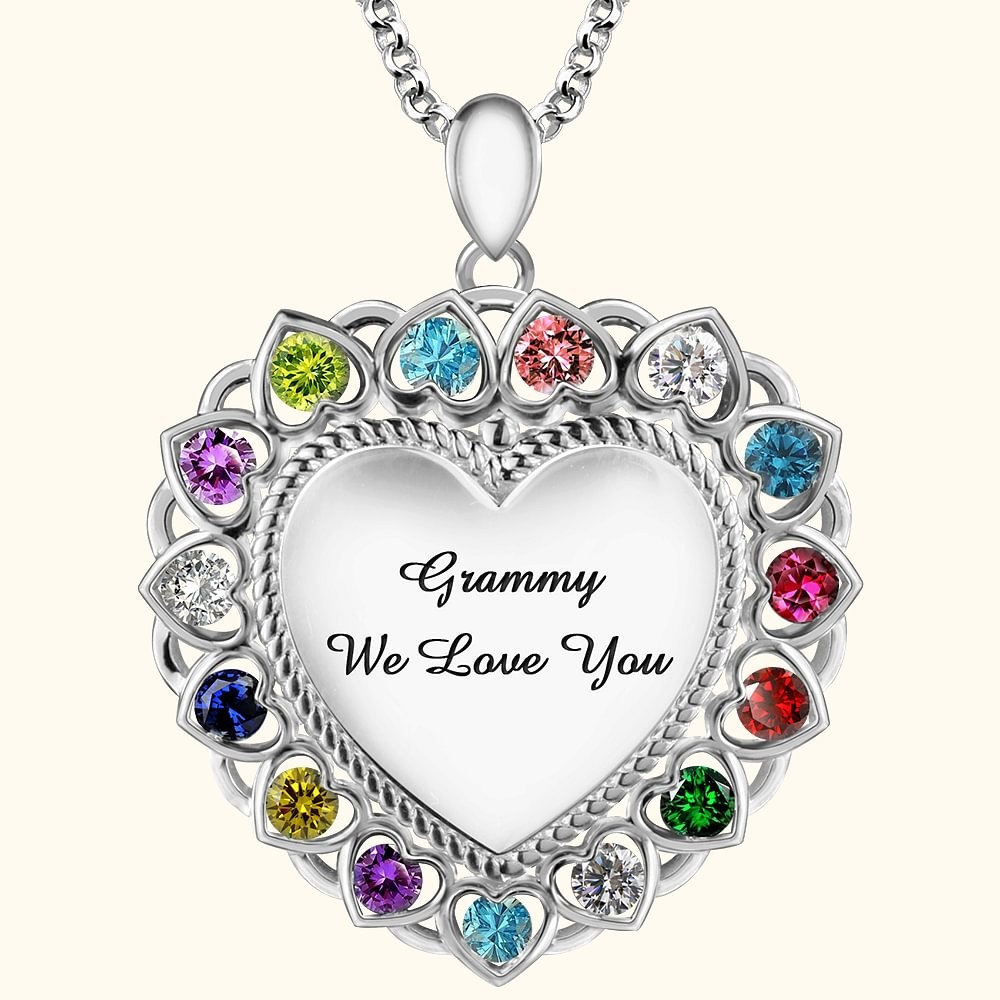 Meaningful Gifts for Mom or Grandma Heart Necklace with Kid's Birthstones and Engraving