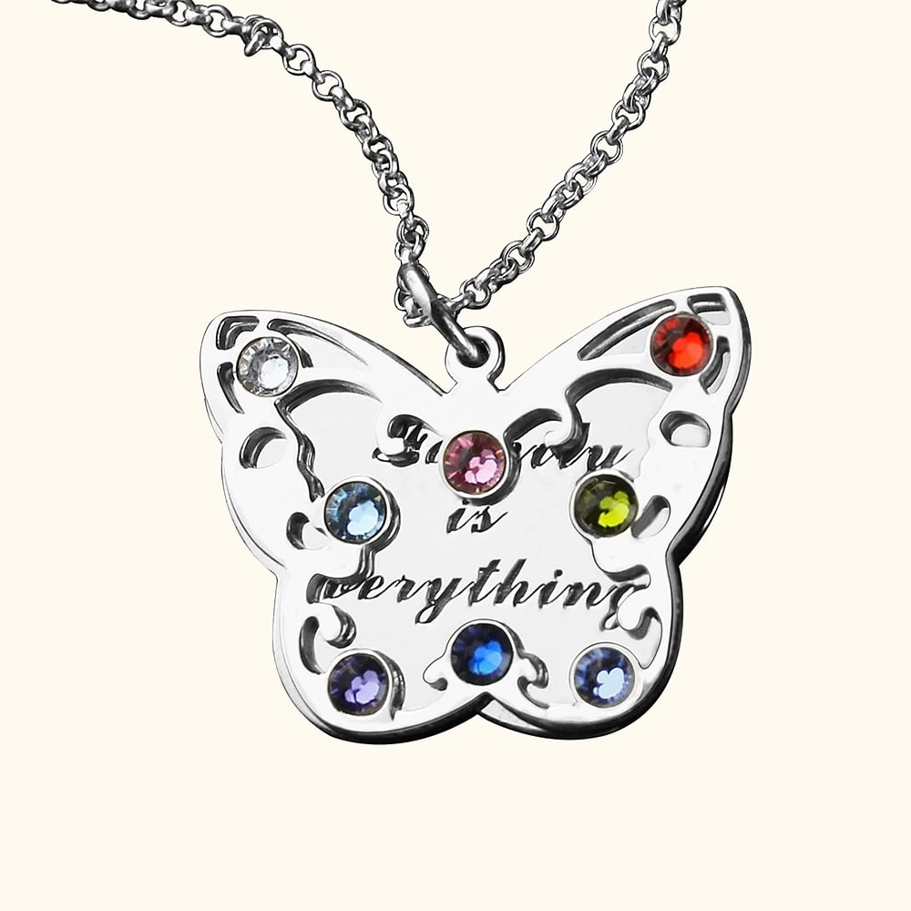 Engraved Mother's Butterfly Necklace with Kid's Birthstones Sterling Silver