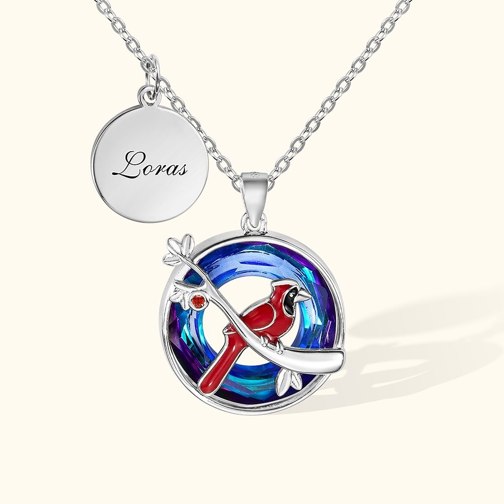 Personalized Cardinal Embellished with Crystals Necklace with Engraved Text Disc and Birthstone Memorial Sympathy Gift for Family