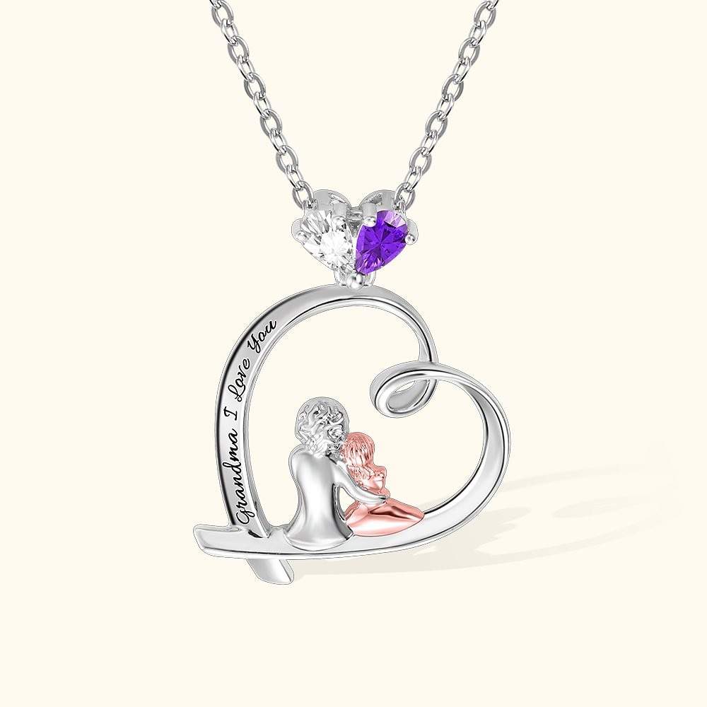 Personalized Mom Child Birthstones Necklace Heart Shape