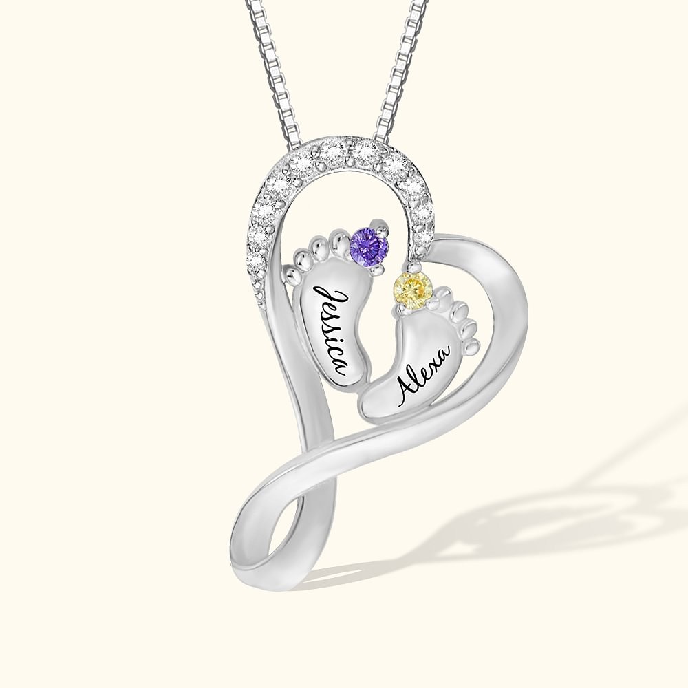 Personalized Baby Feet Heart Necklace with 2 Birthstones and Names For Mother Gift