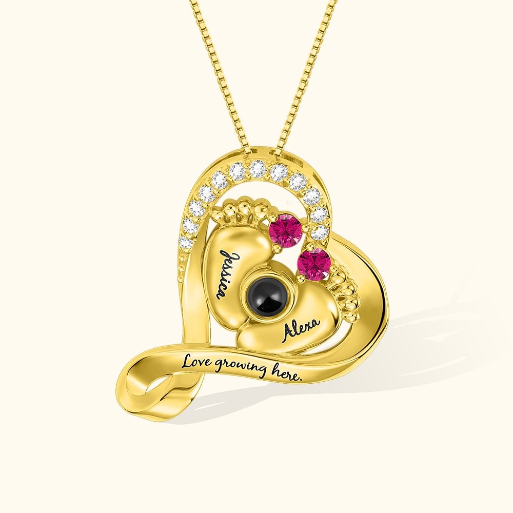 Personalized Photo Projection Baby Feet Heart Necklace with Names