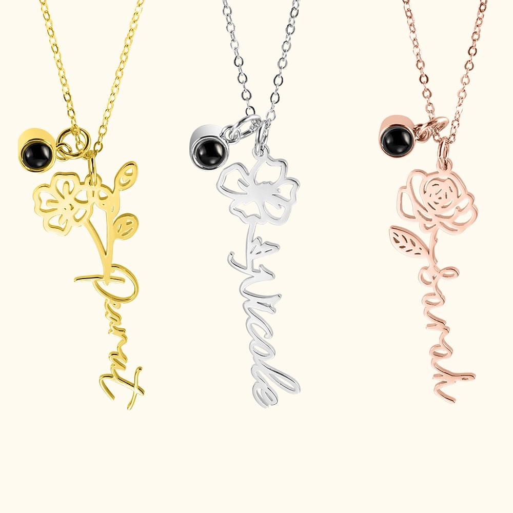 Personalized Photo Projection Birth Flower with Name Necklace