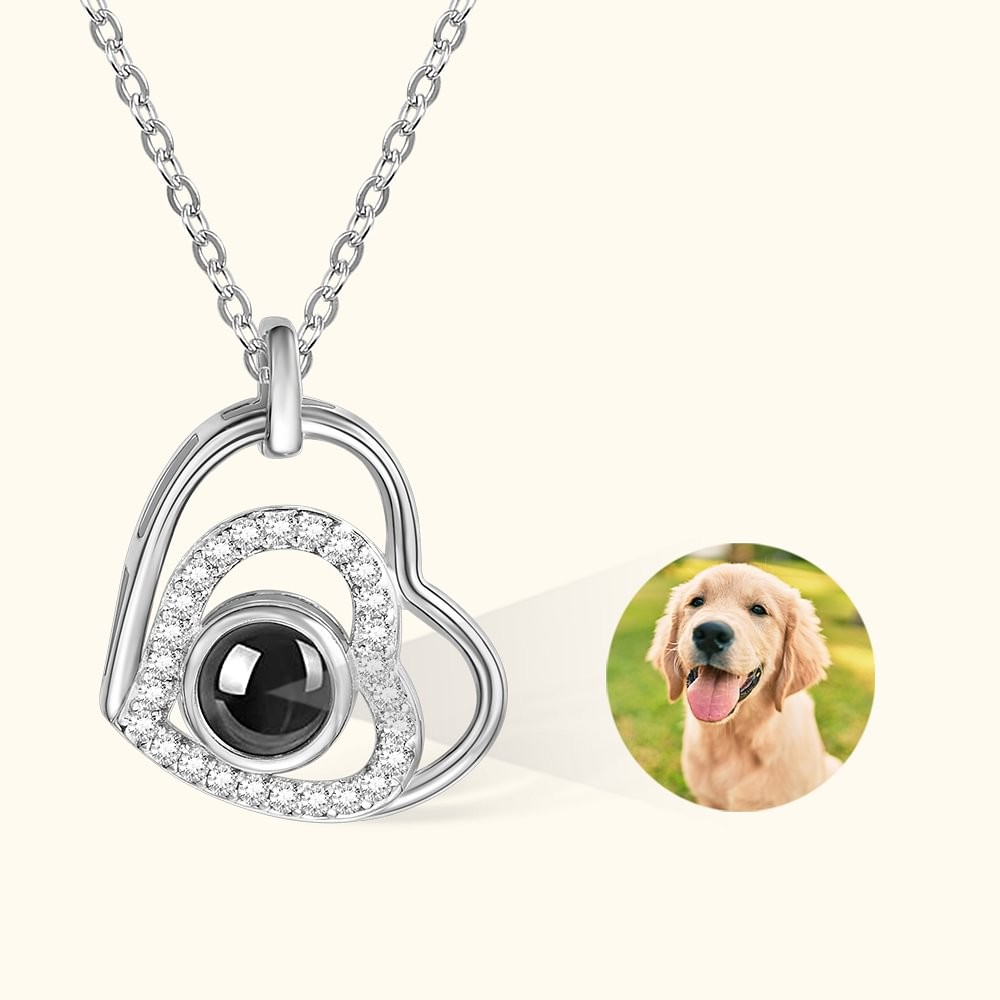 Personalized Double Heart Photo Projection Necklace Studded with Diamonds