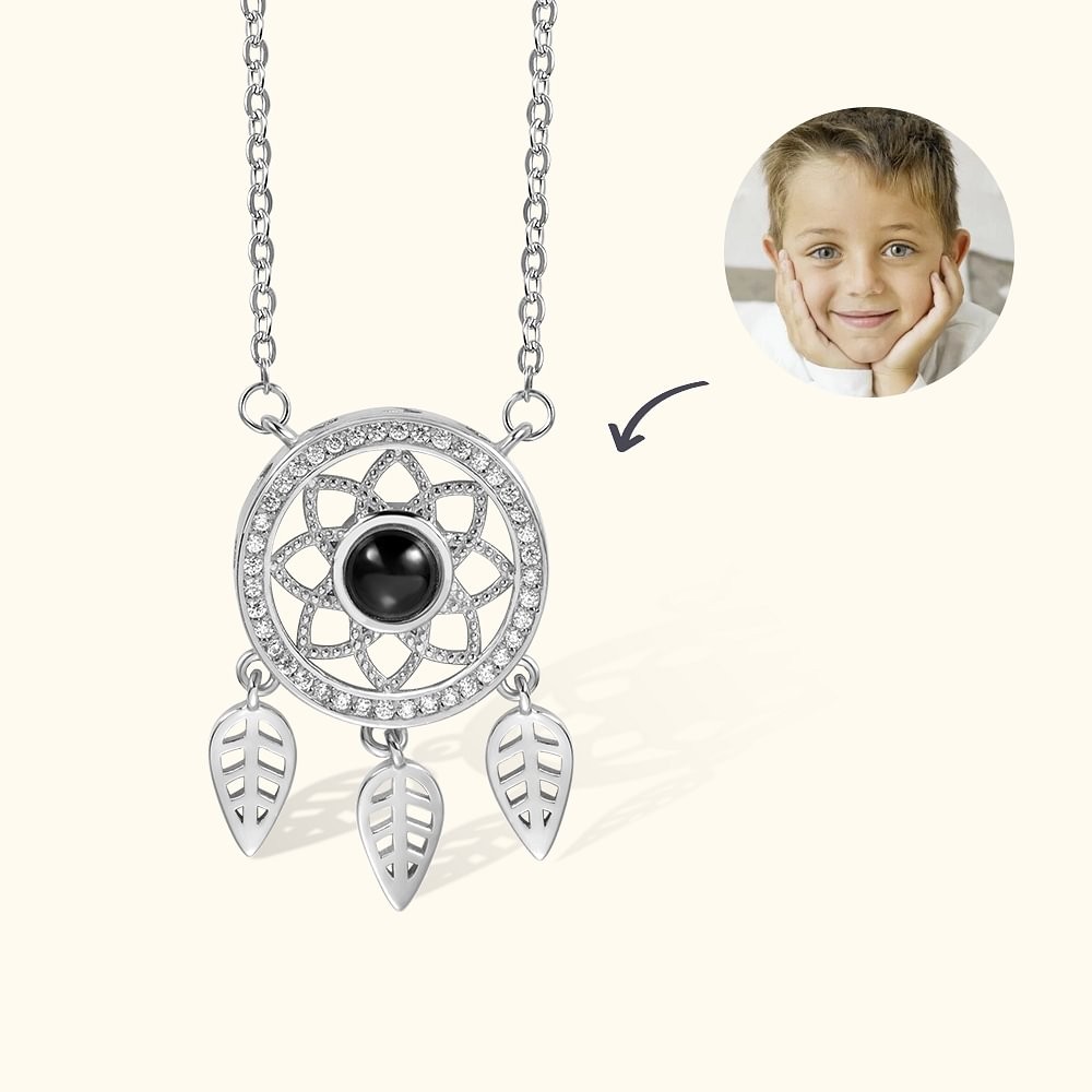 Personalized Dreamcatcher Photo Projection Sterling Silver Necklace with I Love You in 100 Languages Anniversary Birthday Gift for Women