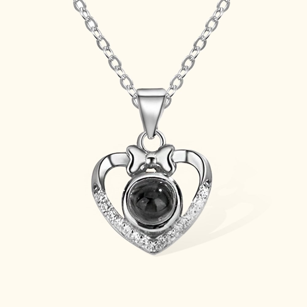 Personalized Bow Tie Heart Photo Projection Necklace with I Love You in 100 Languages