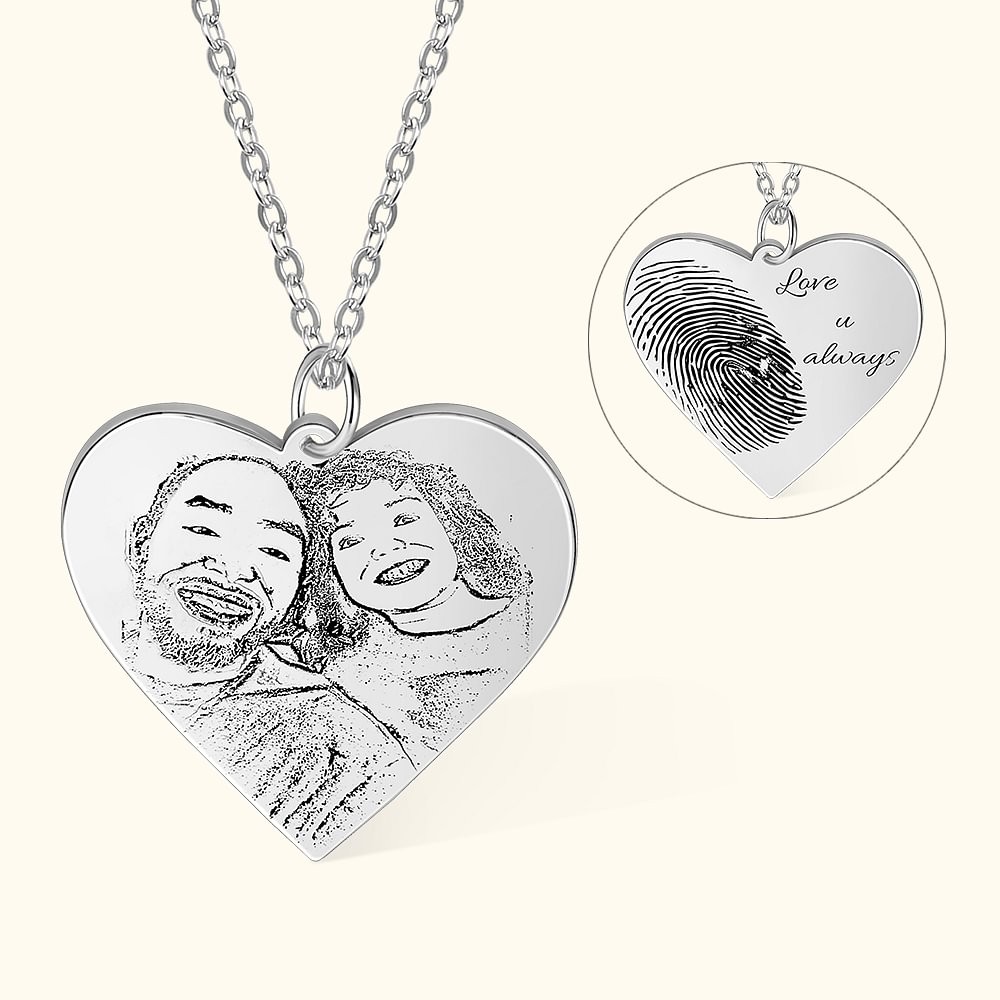 Personalized Photo Necklace with Fingerprint Engraved Keepsake Gift for Her