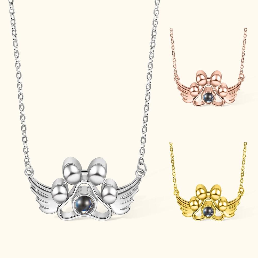 Personalized Paw Pet with Wing  Memorial Photo Necklace
