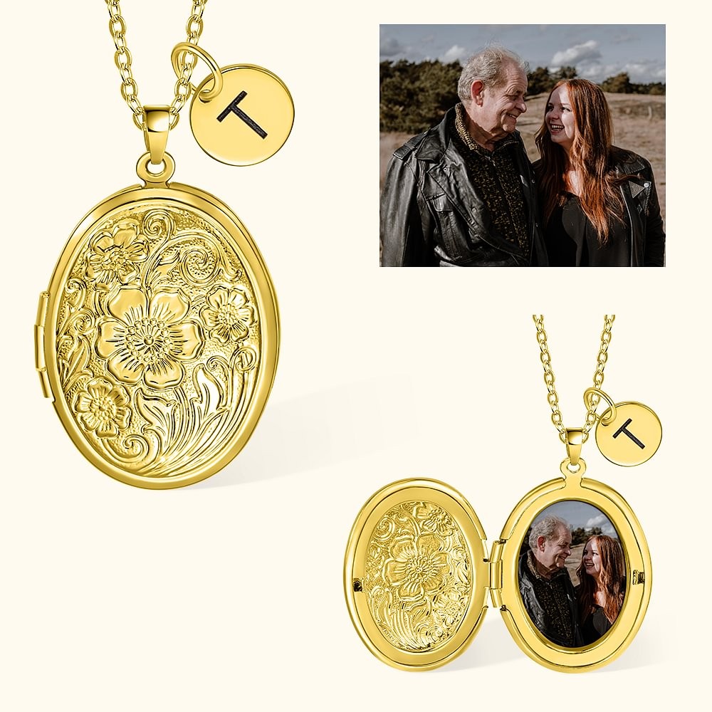 Personalized Flower Locket Necklace with Initial Photo Keepsake Gift for Her