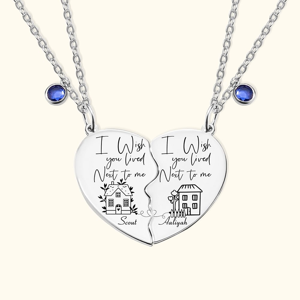 Personalized I Wish You Lived Next to Me Best Friend Set of Two Necklace Engraved with Name Birthstone House Birthday Friendship Gift for Bestie