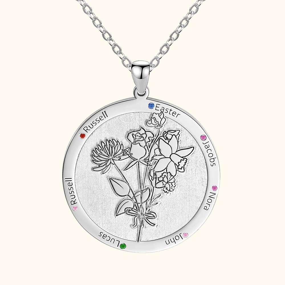 Personalized Round Shaped Birth Flower Bouquet Pendant Necklace with Birthstones
