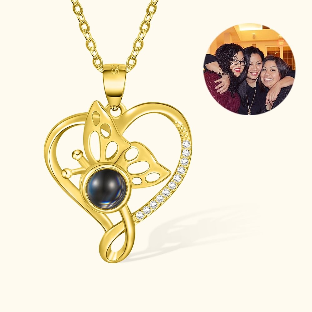Personalized Heart Butterfly Projection Photo Necklace with I Love You in 100 Language