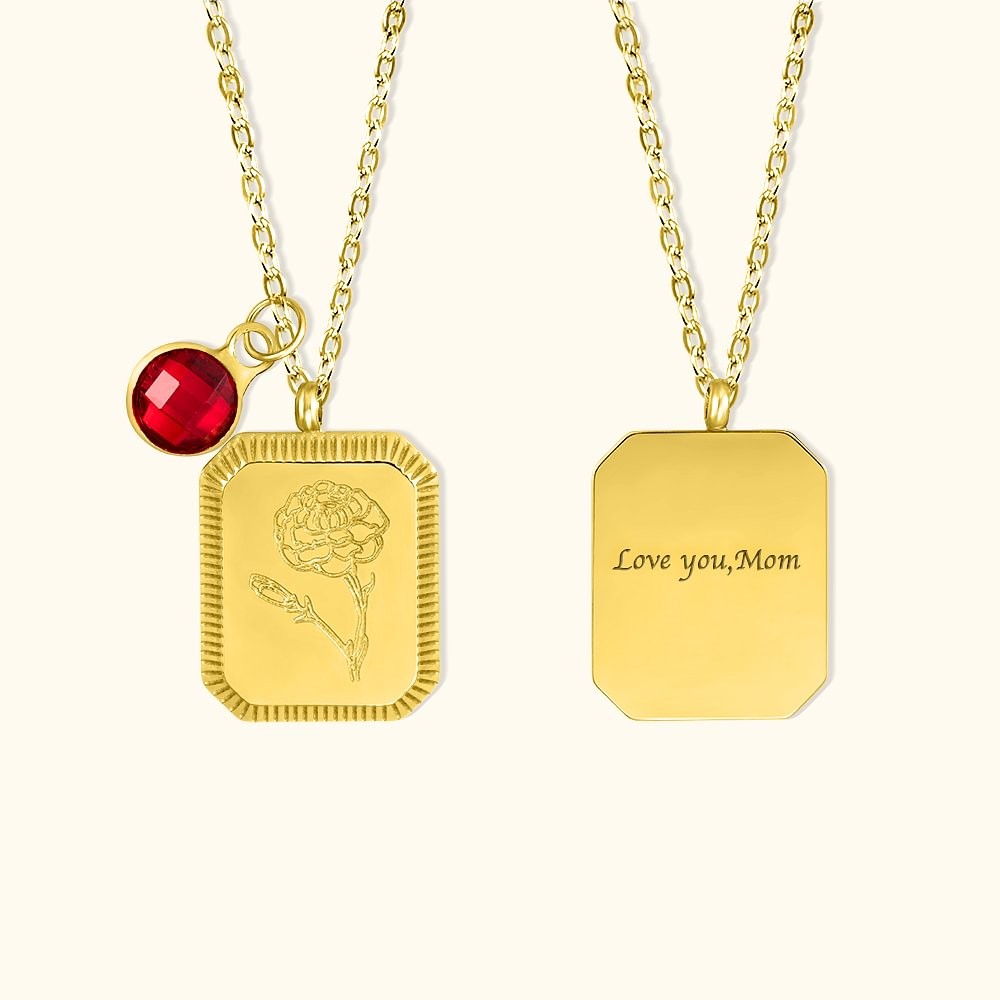 Personalized Vintage Birth Month Flower Necklace Birthstone Necklace Square Jewelry Birthday Gift for Her