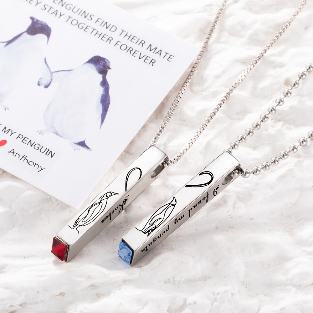 Personalized Penguin Matching Heart Couple Necklaces with Engraved Names Set of 2 Birthstone Jewelry Valentine's Day Anniversary Gift for Loved One
