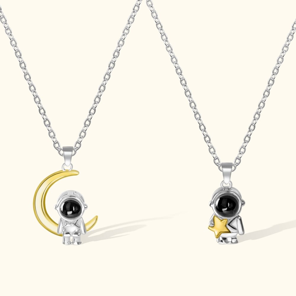 Personalized Astronaut Space Moon Star Photo Projection Necklace with I Love You 100 Languages Couple Gift