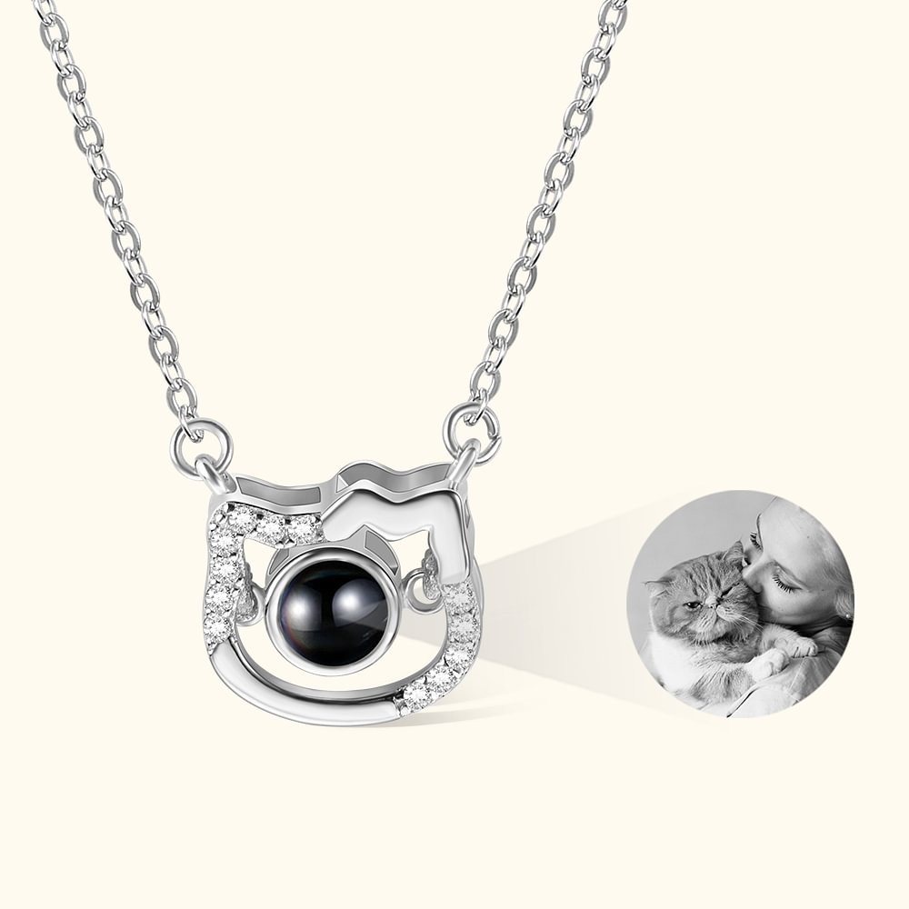 Personalized Cat Projection Photo Necklace with I Love You in 100 Languages Jewelry for Cat Lover