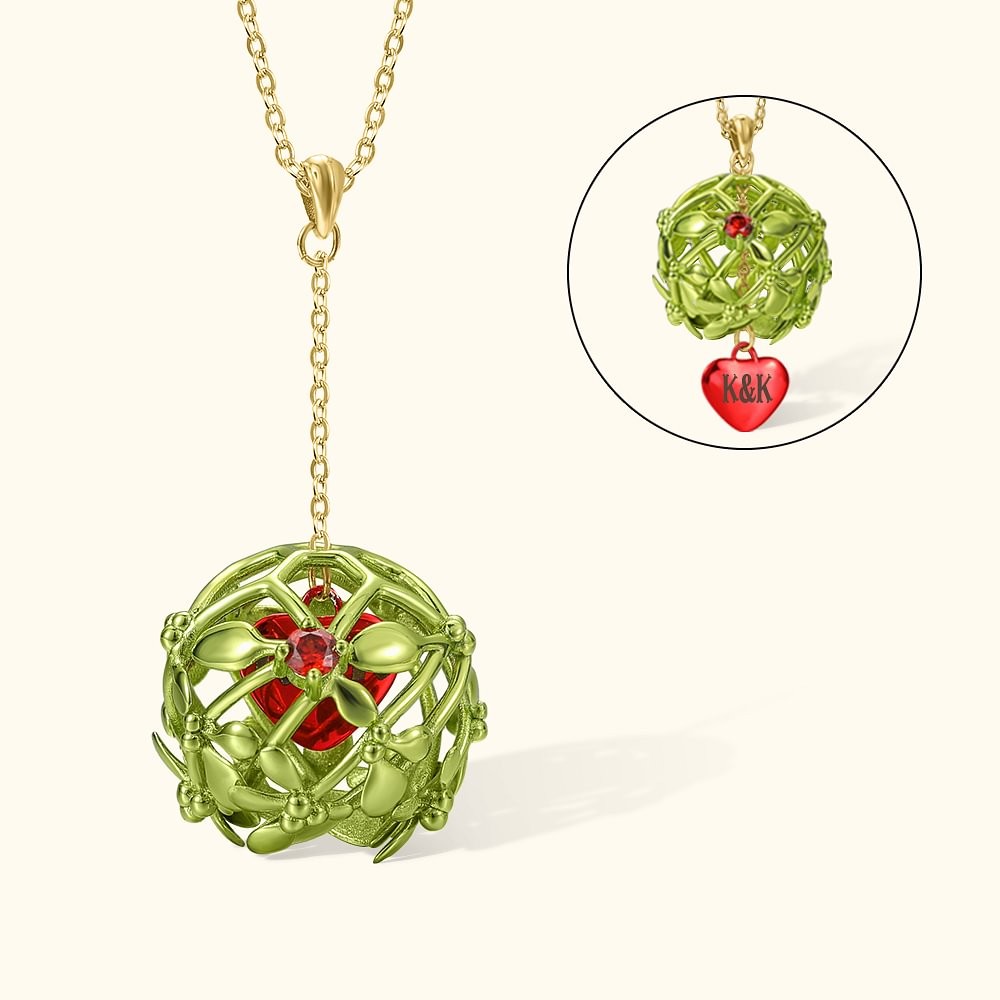 Personalized Christmas Mistletoe Ball Necklace Ornament with Sliding Heart Name Charm Holiday Christmas Party Decor Couple Valentine Anniversary Gift