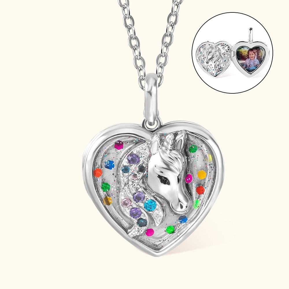Personalized Fantasy Unicorn Sequin Rhinestone Heart-shaped Pendant Necklace with Photo Birthday Christmas for Little Girls