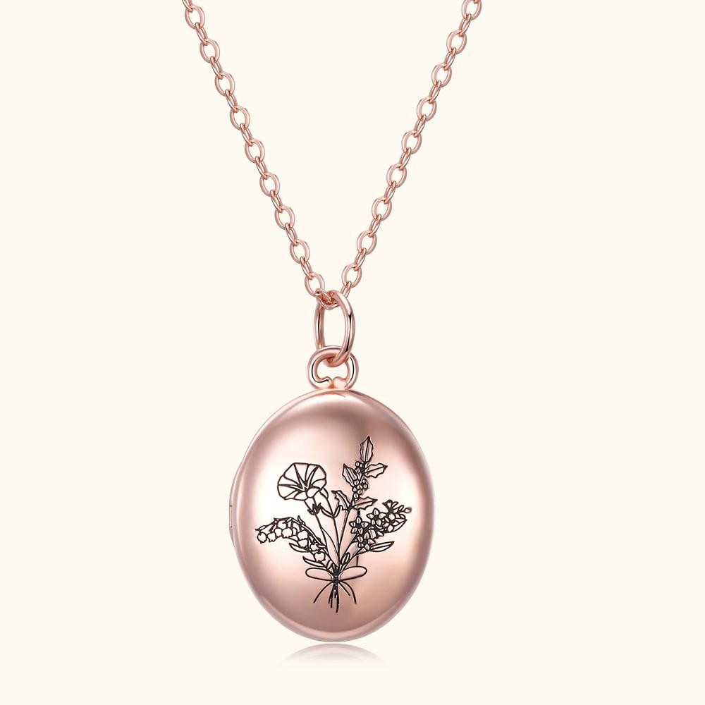 Personalized Birth Flower Bouquet Photo Locket Necklace with Text Memorial Birthday Anniversary Mother's Day Gift for Women