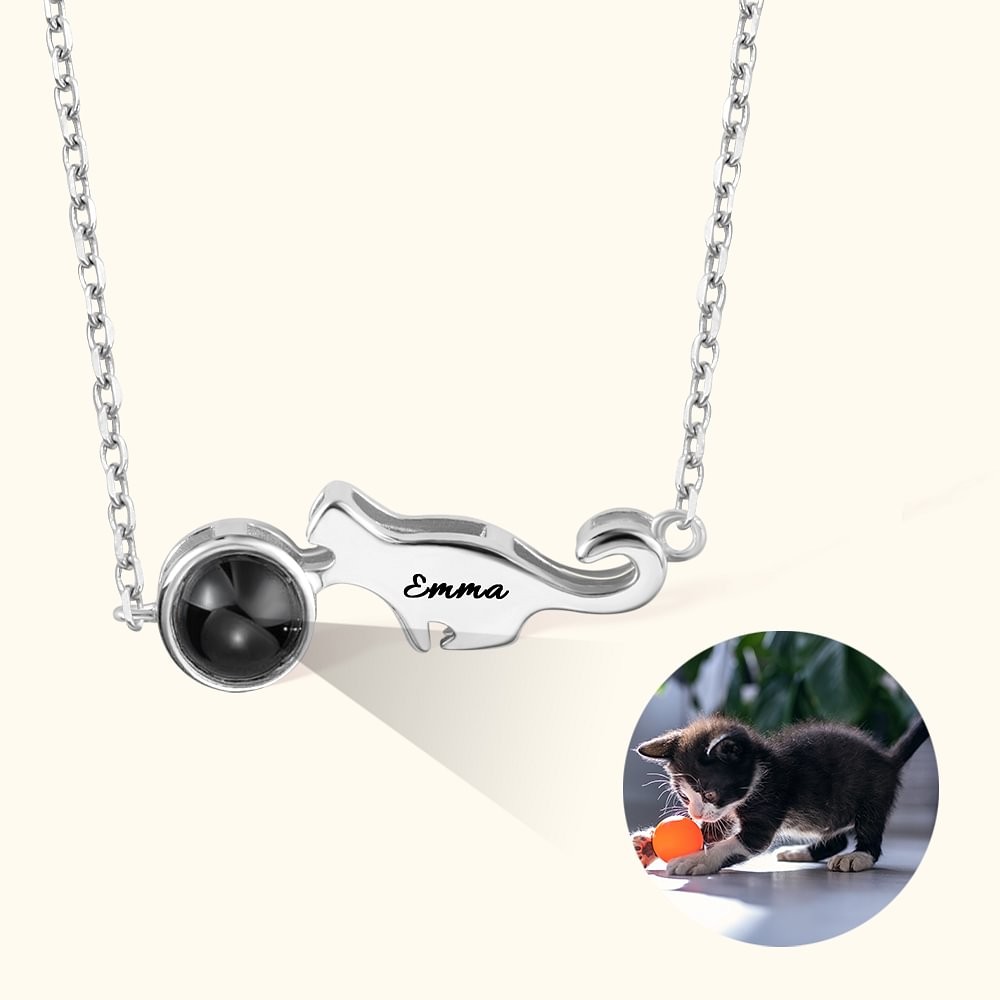 Personalized Playful Cat Photo Projection Necklace with I Love You in 100 Languages and Name Birthday Memorial Gift for Cat Lover