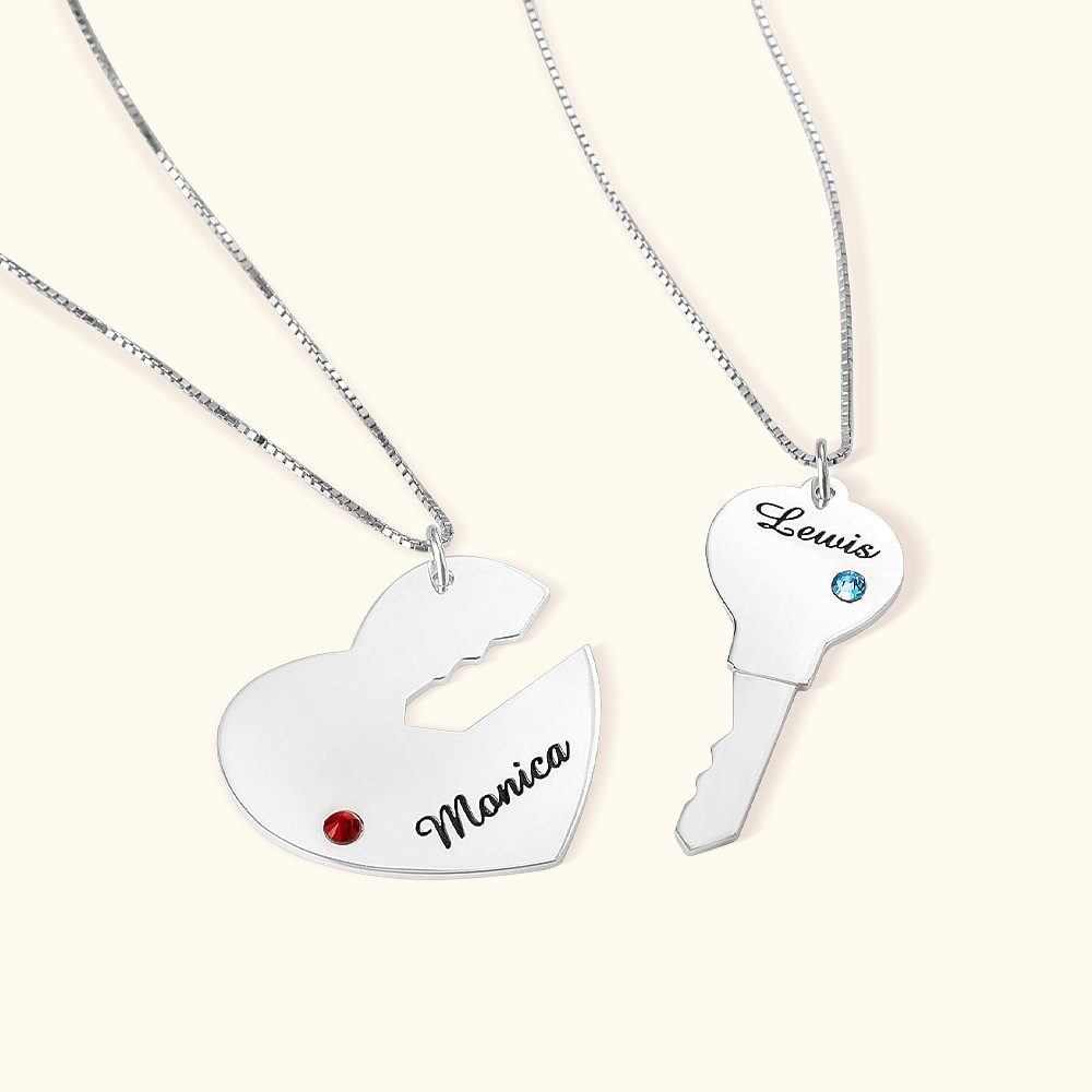 Couples Key to My Heart Name Pendant Set with Double Names & Birthstones