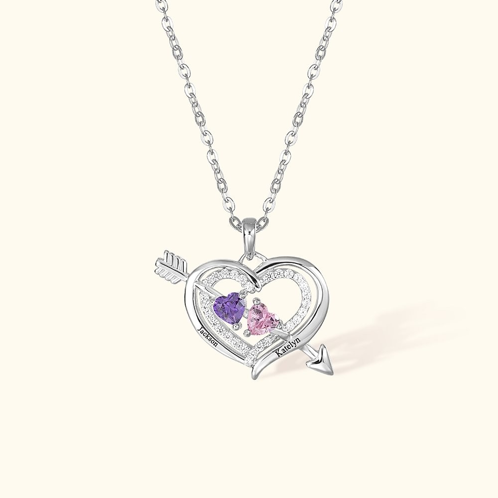 Personalized Heart Arrow Necklace with 2 Birthstones & Names