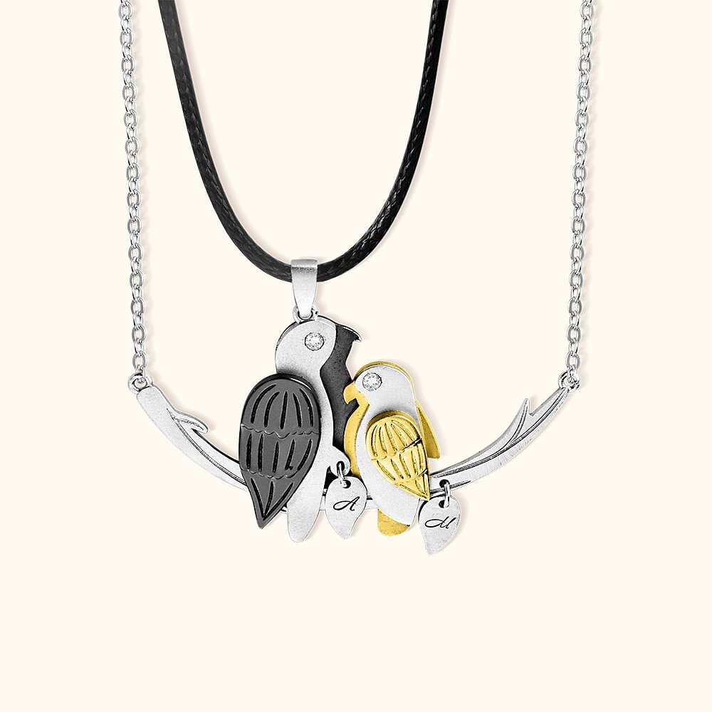 Personalized Bird on Branch Pendant Necklace with Engraved Initial Charms Lovebirds Couple Jewelry Set of 2 Anniversary Christmas Gift for Loved One