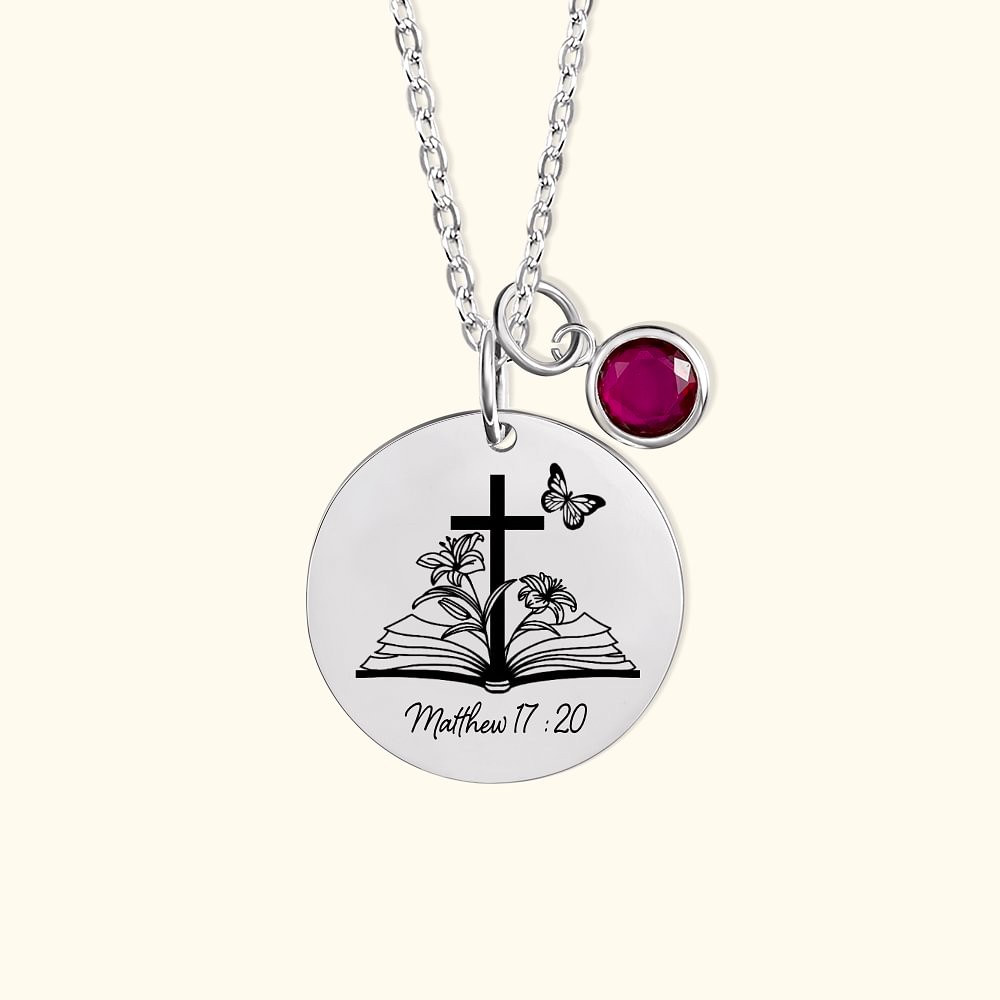 Personalized Bible Verse Cross Birth Flower Necklace with Engraved Text Religious Jewelry Birthday Baptism Gift for Her