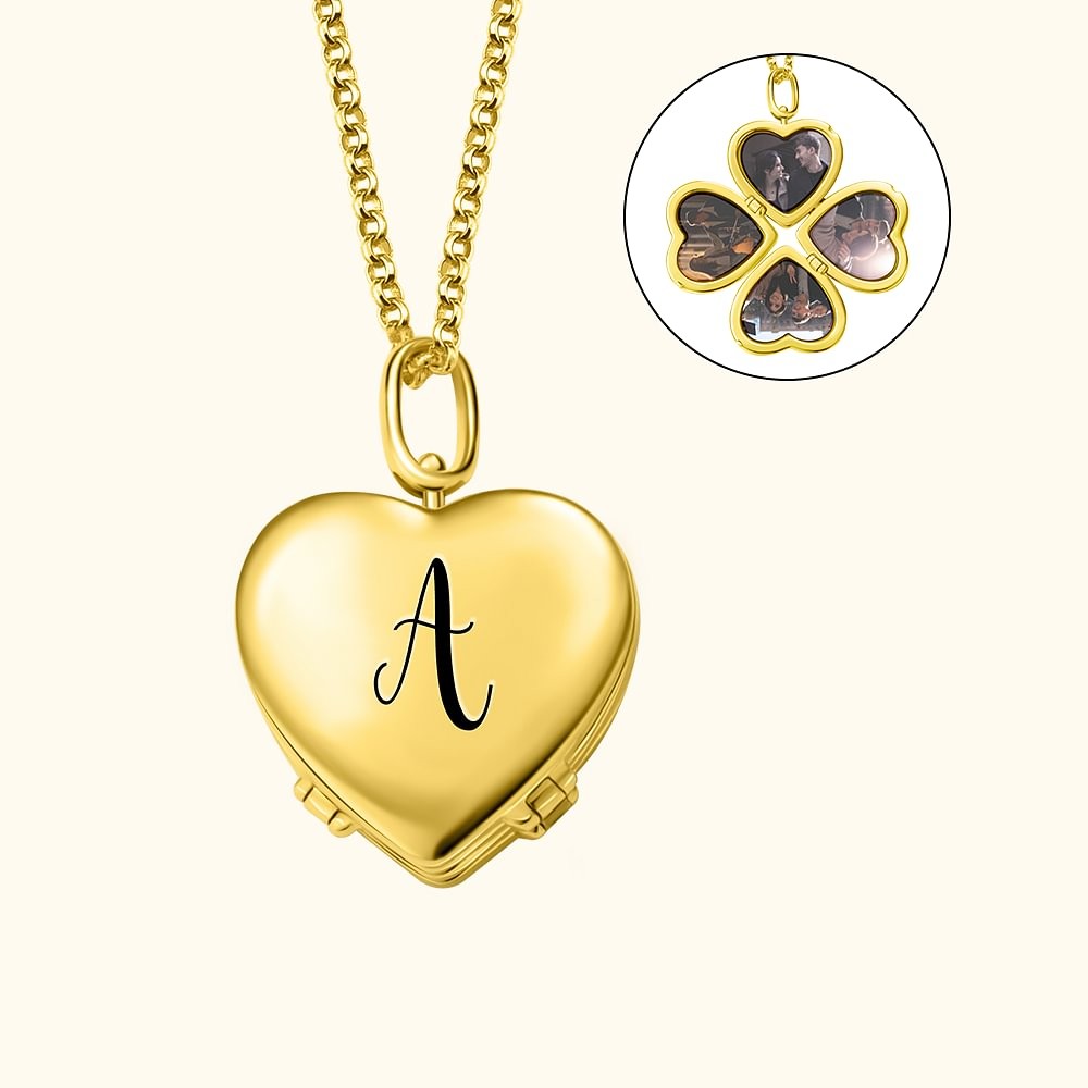 Personalized Love Heart 4 Photos Necklace with Engraved Initial Mother's Day Birthday for Women