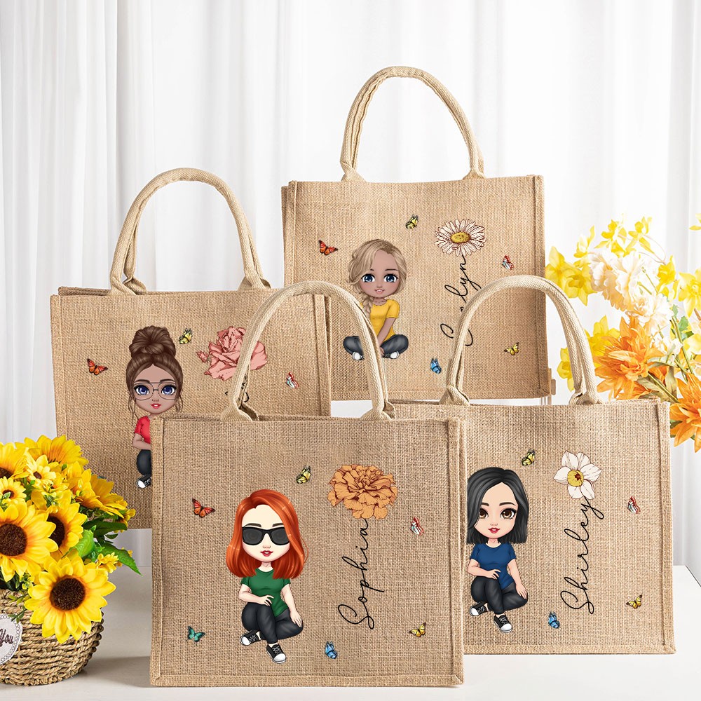 Personalized Birth Flower Jute Tote Bag with Cartoon Girl and Custom Name Gift for Women Mom Birthday Wedding