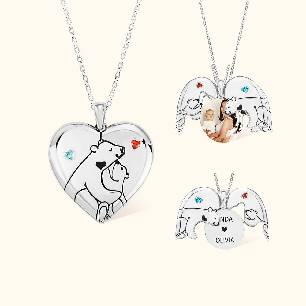 Personalized Mama Bear Heart Shape Birthstone Locket Necklace with Engraved Name Mother's Day Birthday Gift for Her