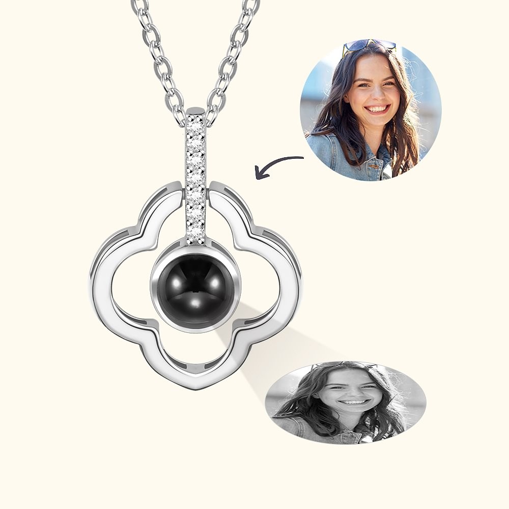 Personalized Four-leaf Clover Photo Projection Sterling Silver Necklace with I love You 100 Languages Mother's Day Anniversary Gift for Her