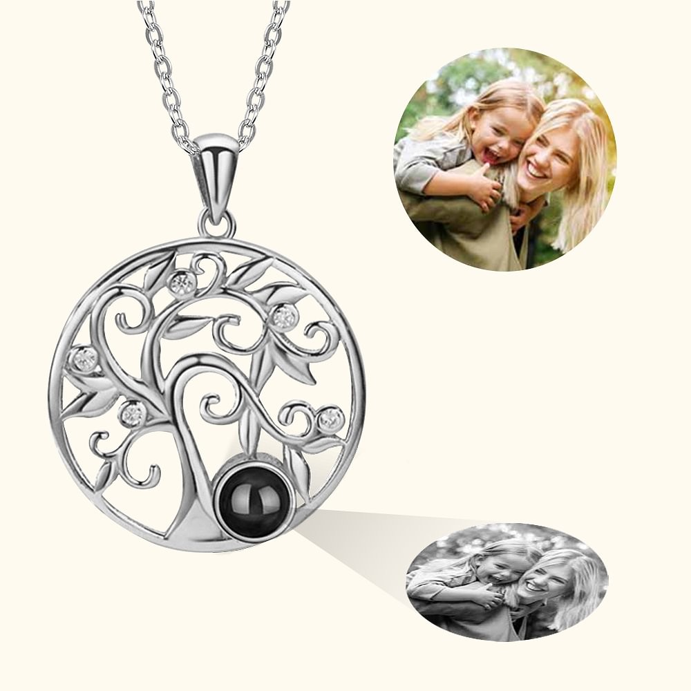 Personalized Family Tree Photo Projection Sterling Silver Necklace with I Love You in 100 Languages Mother's Day Gift for Woman