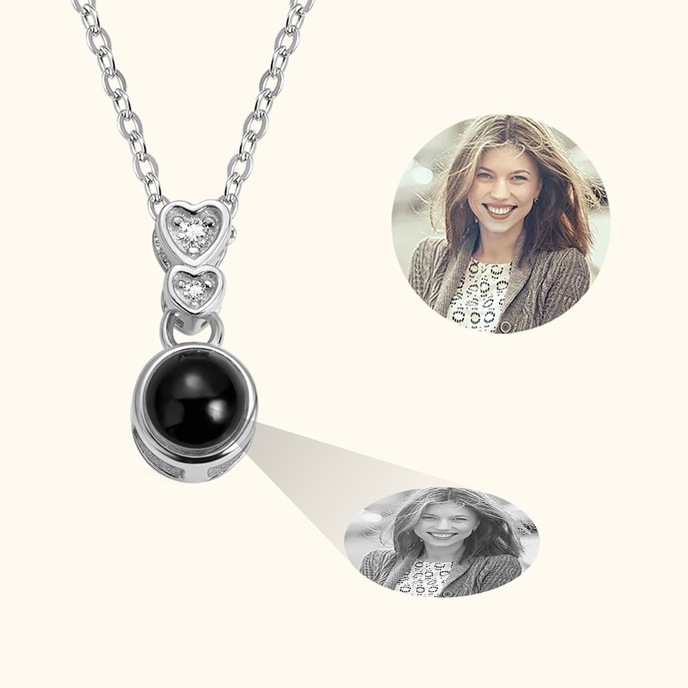 Personalized Sterling Silver Double Heart Photo Projection Necklace with I Love You in 100 Languages Birthday Anniversary Gift for Her