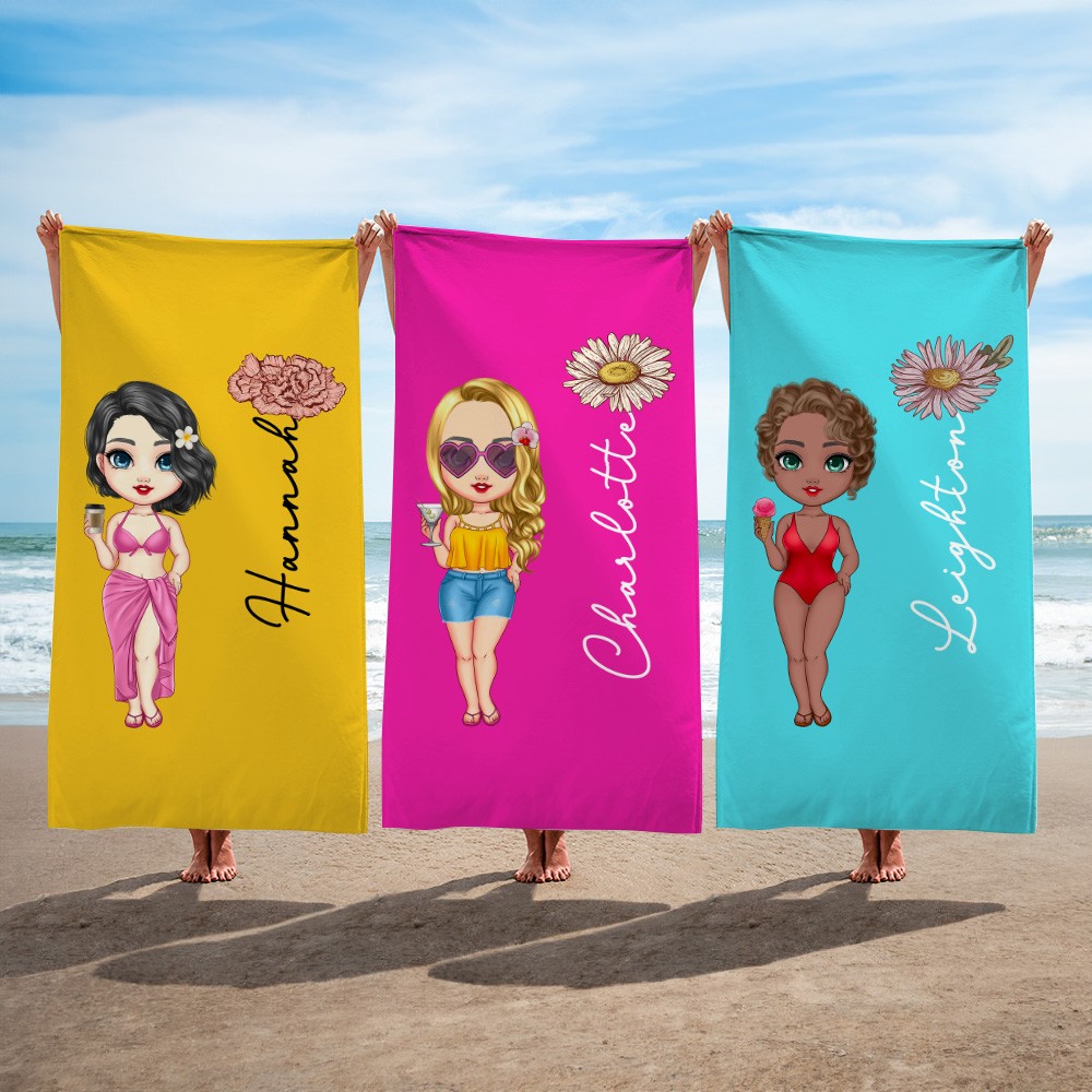 Personalized Multicolor Birth Flower Cartoon Women Girl Soft Quick Dry Beach Towel with Name Vacation Beach Accessories Gift for Friend
