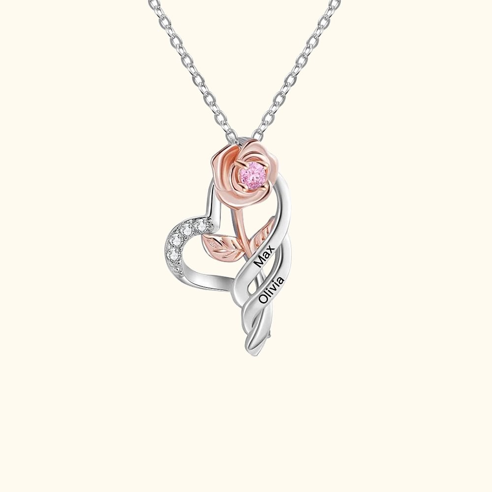 Personalized Birthstone Rose Necklace with 1-3 Engraved Names Birthday Mother‘s Day Gift for Her