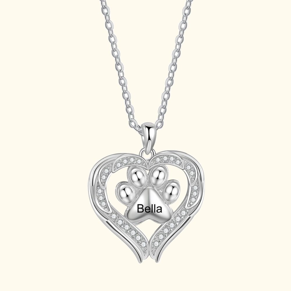 Personalized Heart-shaped Angel Wing Dog Paw Necklace with Engraved Name Memorial Pet Loss Gift for Pet Lover