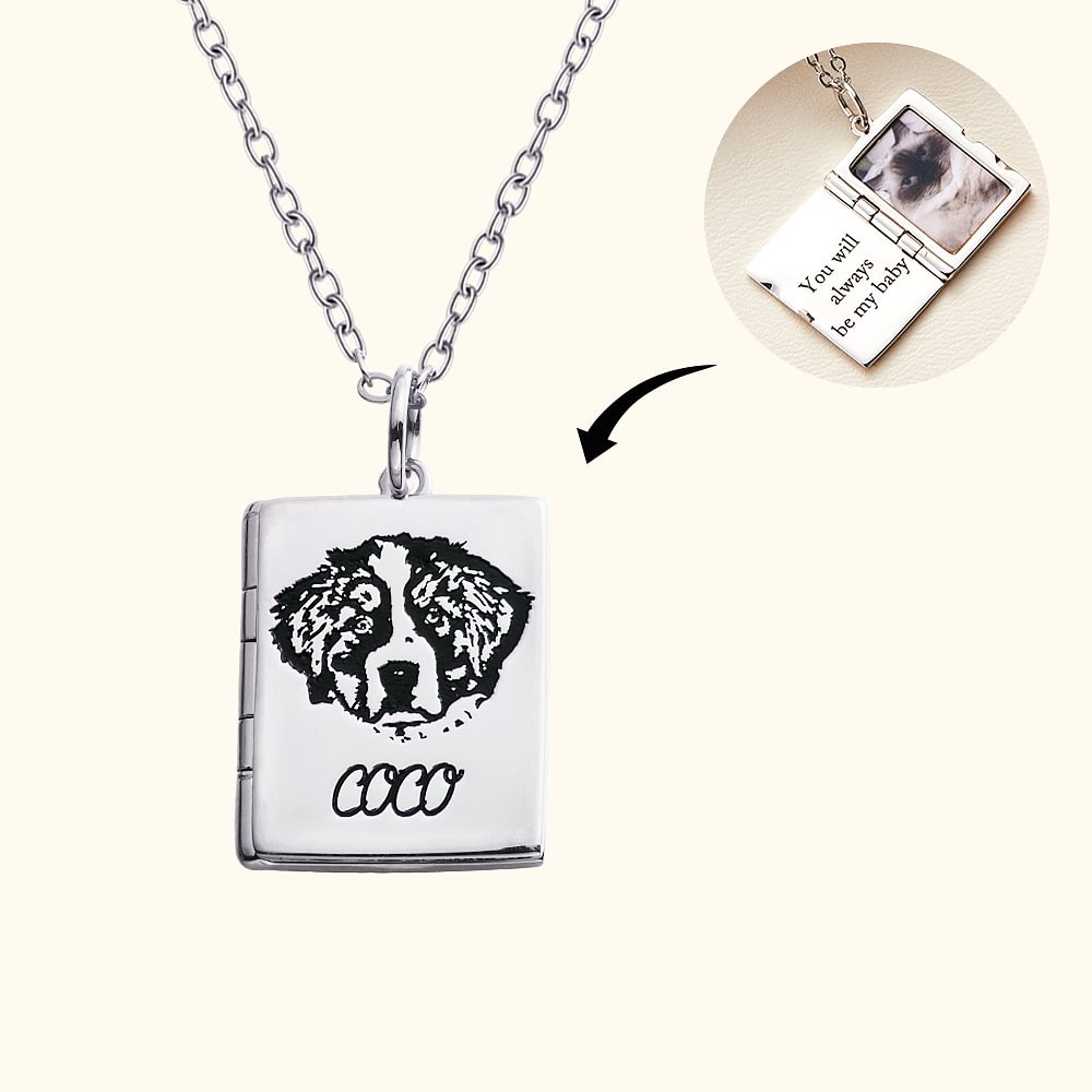 Personalized Engraved Pet Portrait Book Locket Necklace with Photo Name Birthday Gift for Pet Lover